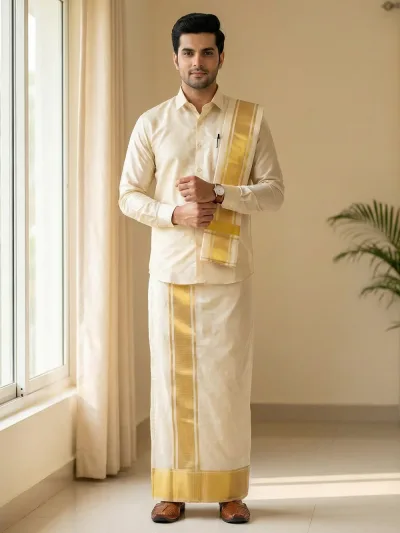 Men Art Silk Shirt & Dhoti Towel Set Dark Gold Bandham DGD1